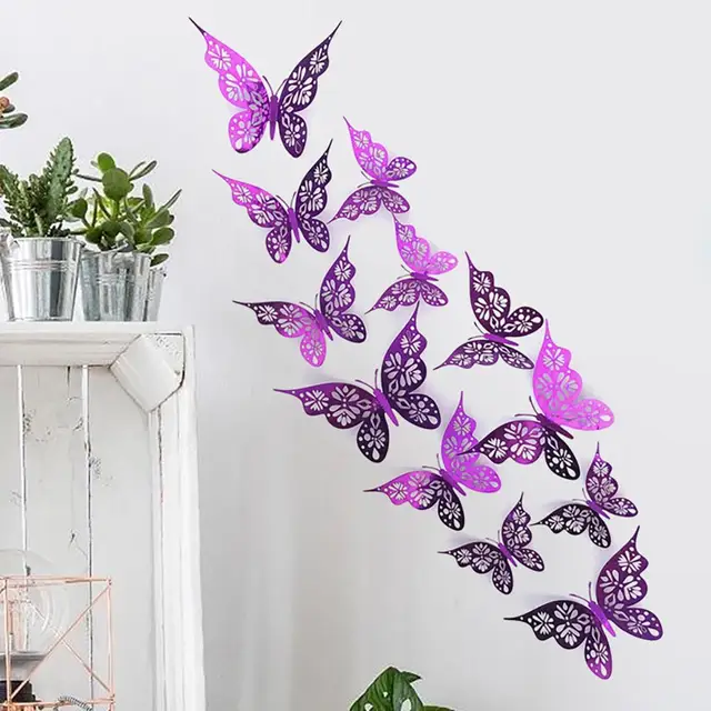 12Pcs 3D Wall Stickers Hollow Design Paper Butterfly Shape Wall Decor Party  Supplies Elegant Wall Sticker