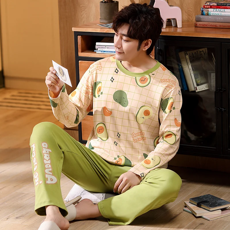 Pajama Sets Men Plus Size 4XL Printed O-neck Full Length Pants Spring Autumn Mens Lounge Sleepwear Korean Style Leisure Trends men satin pajamas