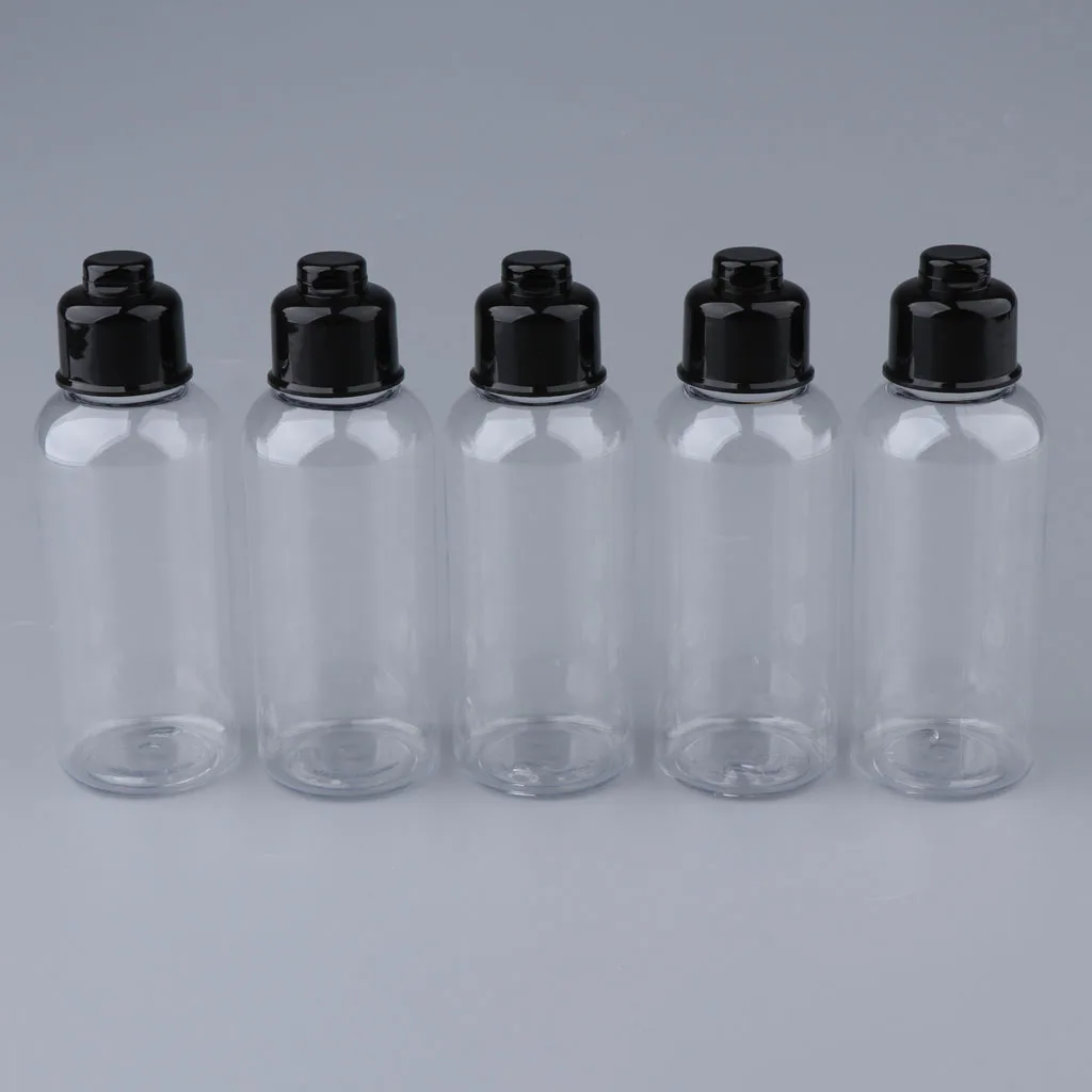 Clear 100/200/300 mL Empty Plastic Bottles with Black Flip Caps - BPA-free - Set of 5 - Packing Bottles for Travel