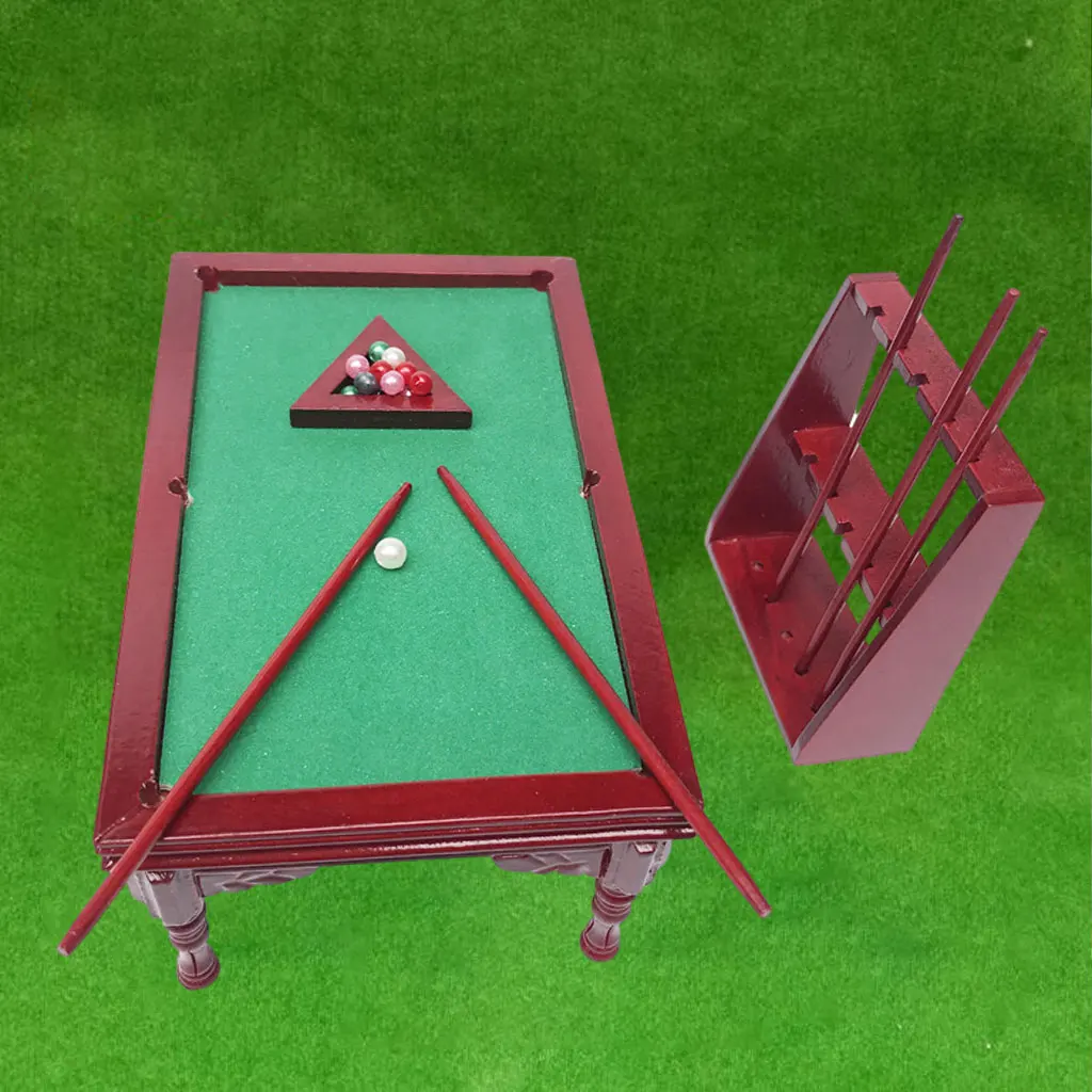 Doll House 1/12 Pool Table with Balls and Stand Set Furniture Scenery Accs