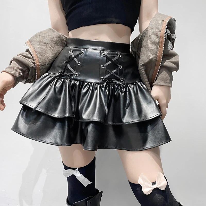 E-girl Punk Style PU Leather Mini Skirts Hight Waist Lace Up Bandage Black Pleated A-line Skirt Streetwear Girls Dark Academia