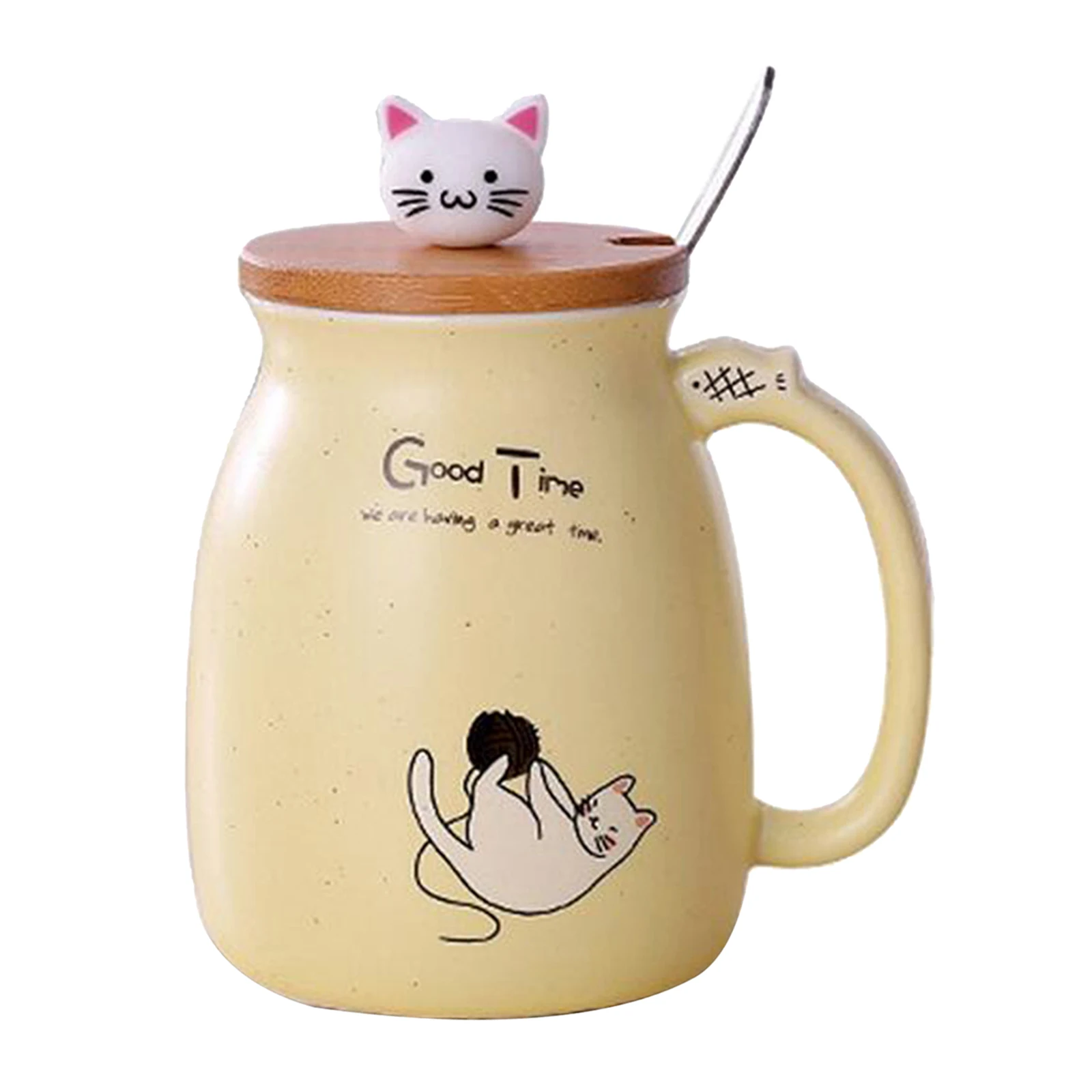 Cute Cat Ceramic Cup Hot Cold Tea Cup Milk Coffee Mug with Spoon Lid Pink