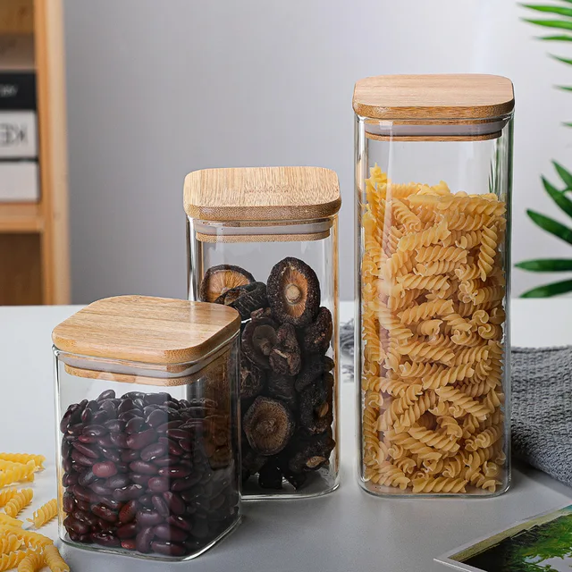 800-2400ml Food-Grade Square Glass Jars Kitchen Wood Lid Groceries Coffee  Beans Tea Sealed Jar Household Storage Bottles Boxes - AliExpress
