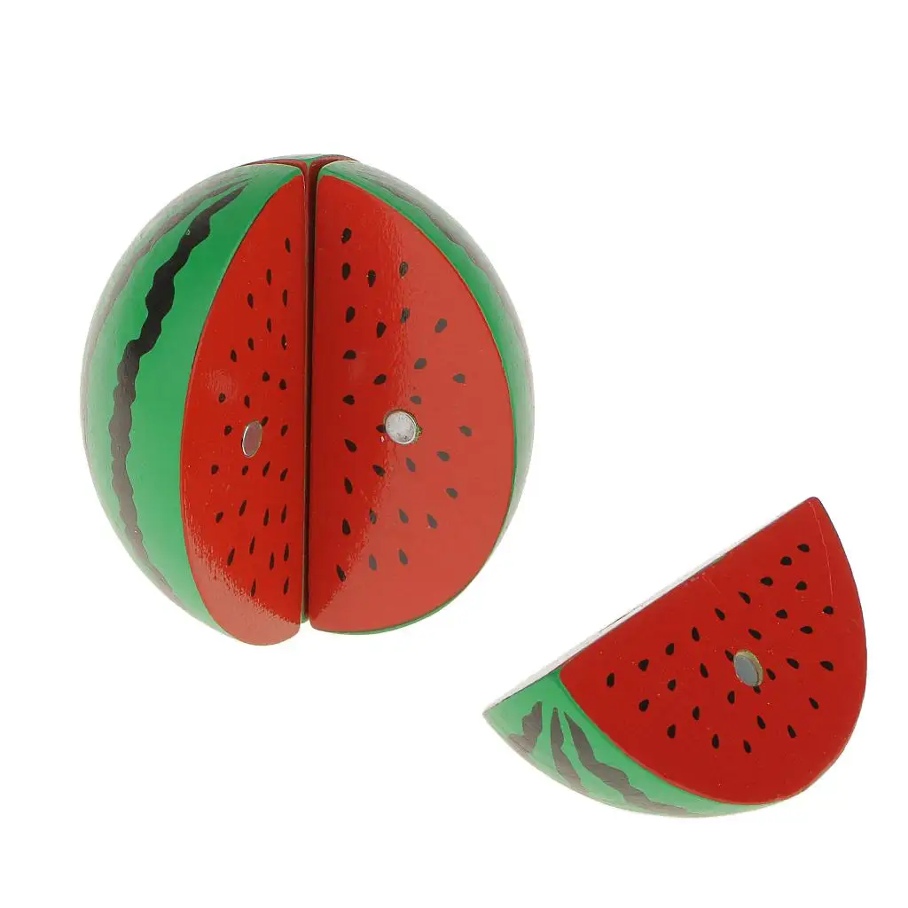 Wooden Magnet Connected Watermelon Kid Kitchen Cutting Food Pretend Play Toy