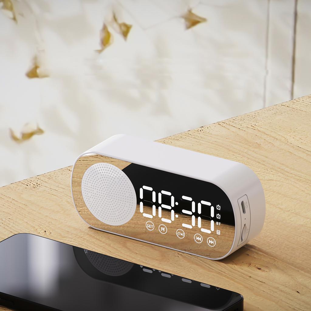 Bluetooth Speaker Alarm Clock Dual Clock HD Mirror Display Radio HiFi Sound Large LED Screen Silent for Office Travel Children