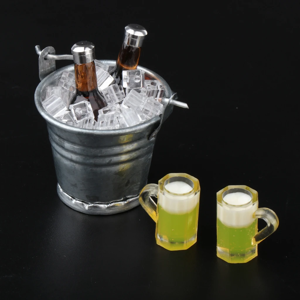 1/12 Scale Ice Bucket with Beer Bottles Mugs Set Kitchen Drinks for Dollhouse Life Scenes Decor, Kids Pretend Play Toy