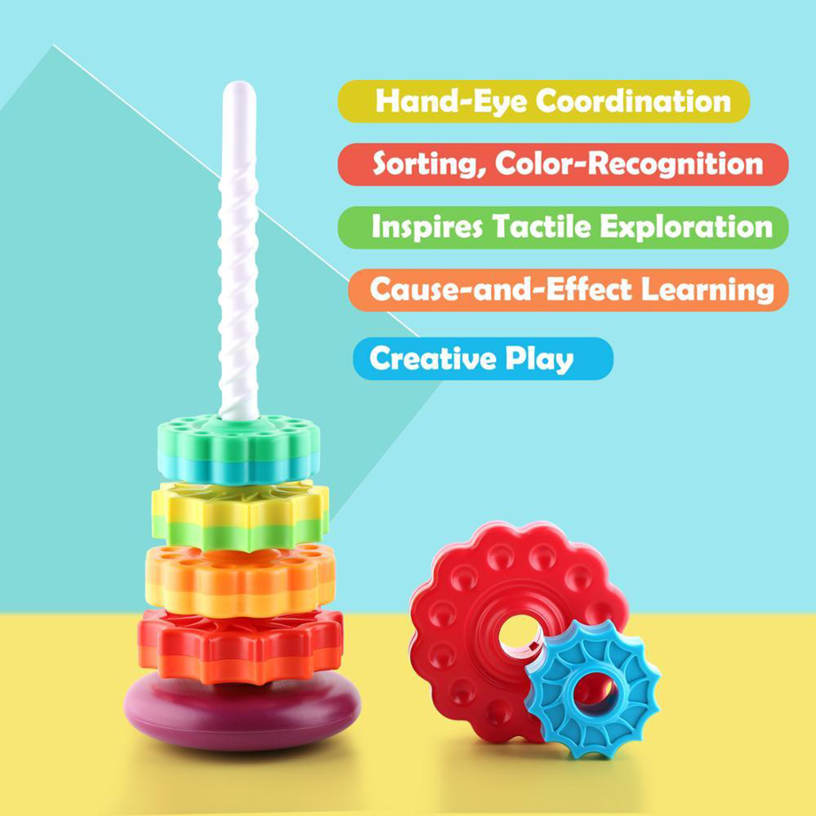 Plastic Rainbow Tower Stacking Toy Shape Color Recognition Building Blocks