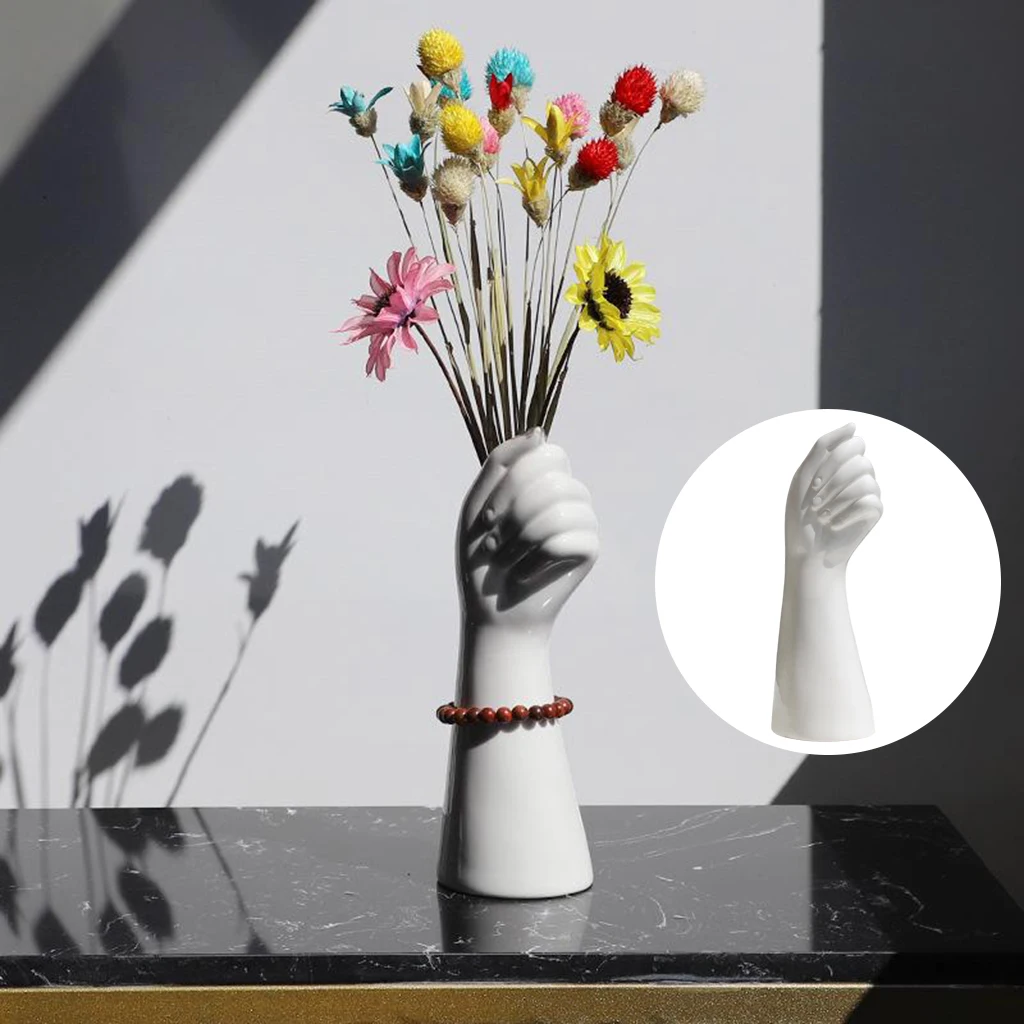 Hand Shape Ceramic Dry Vase Artificial Flowers Pot 9.3inch Table Decor 