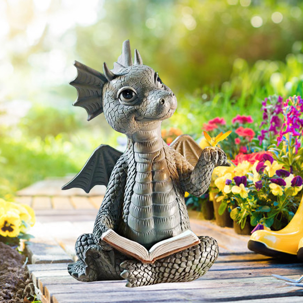 Read Book Dragon Statue Indoor Outdoor Dinosaur Garden Art Bookshelf Collectible Figurines Yoga Patio Sculpture Home Decor