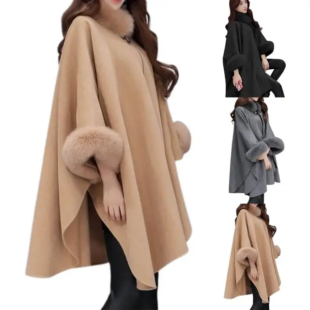  CCBUY Poncho cálido para mujer, cuello de piel sintética, capa  de jacquard con borlas, abrigo de invierno suelto e informal (color: beige,  tamaño: talla única) : Todo lo demás