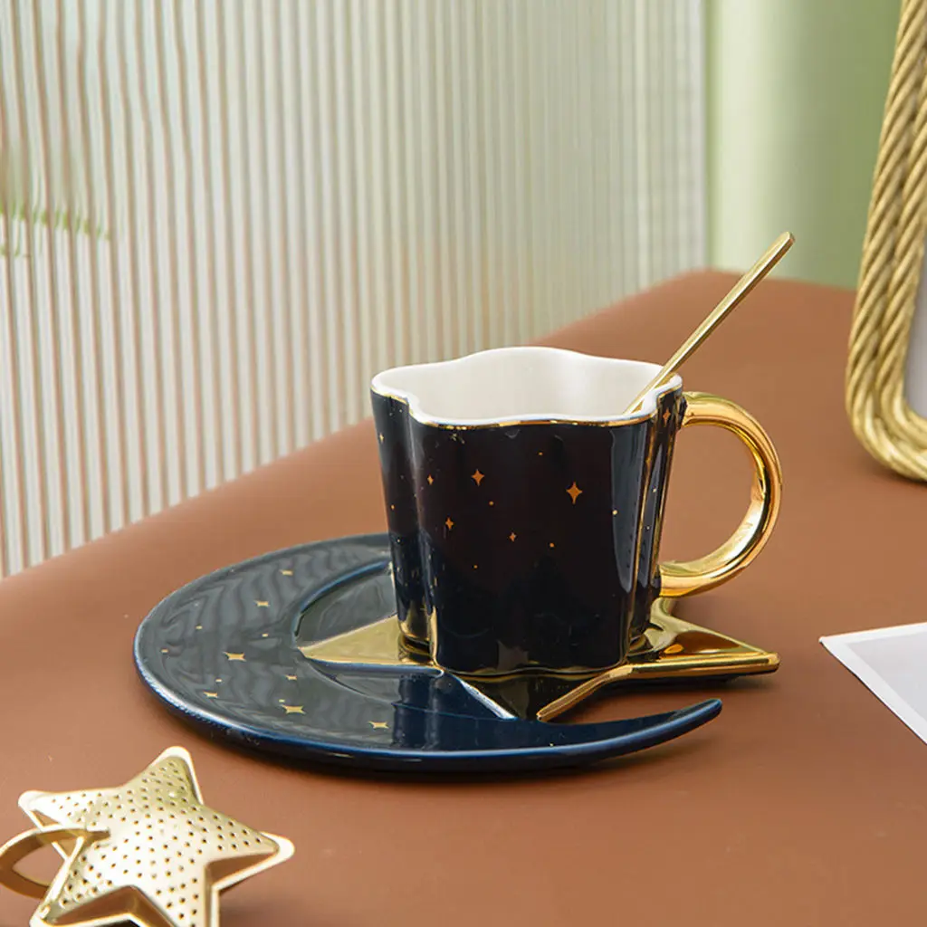 Creative Ceramic Star Moon Coffee Cup And Saucer With Spoon Golden Handle Mug Afternoon Tea Cup Juice Water Drinks Cup Porcelain