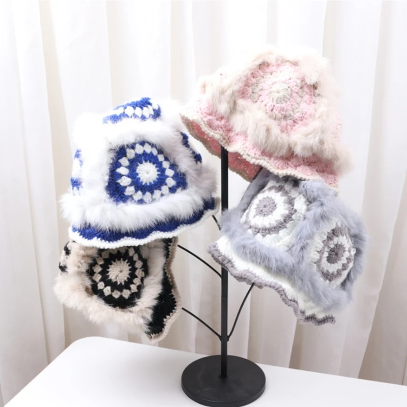 straw bucket hat womens D0LF Fashion Casual Handmade Crochet Knit Flowers Pot Hat Show Face Small Plus Velvet Warm Fisherman Hat Basin Hat Breathable pink bucket hat