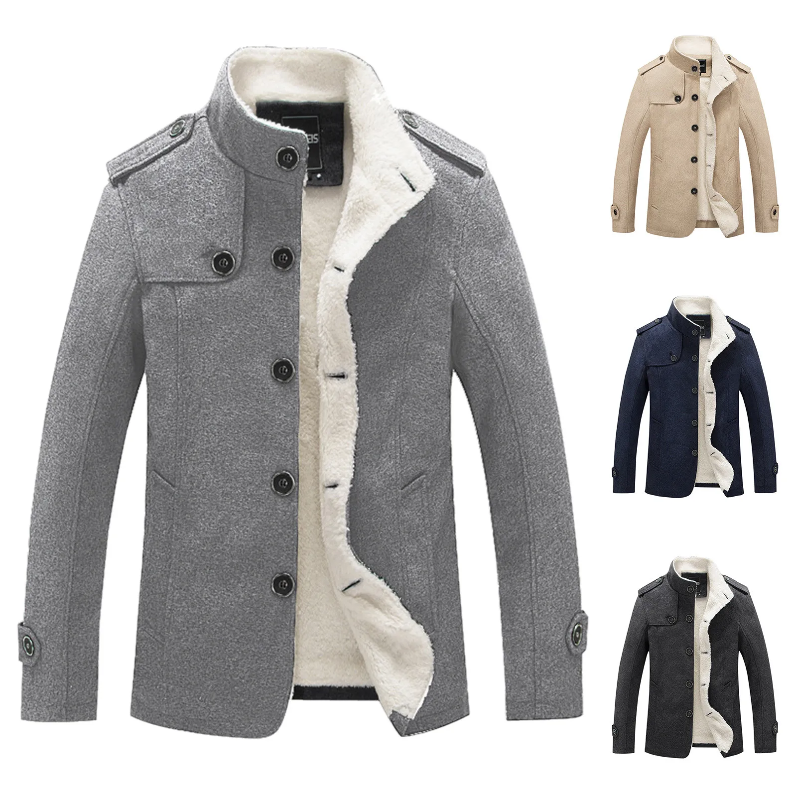 Mirecoo Mens Smart Fit Stand Collar Faux Wool Blend Fleece Borg Sherpa Lined Coat Buttoned Winter Short Jacket 