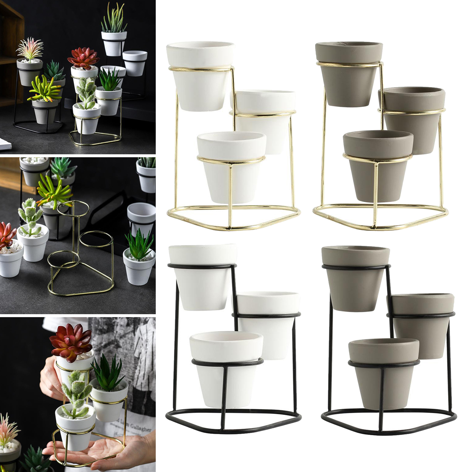3Pieces Ceramic Succulent Pots Flower Planter with Metal Plant Vase Stand Holder Shelf Rack Home Decor
