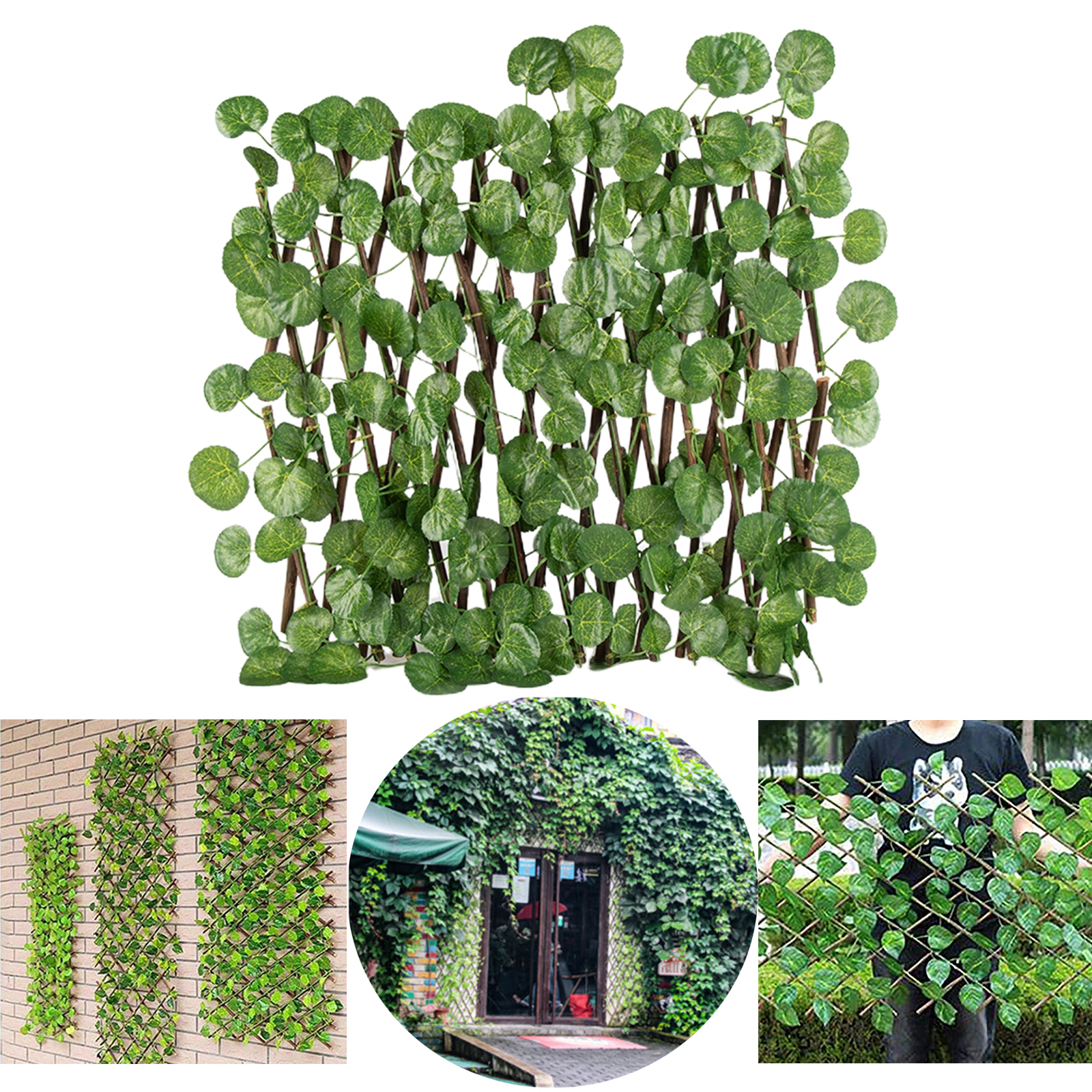 Expandable Garden Screening Trellis Wooden Fence with Artificial Leaves