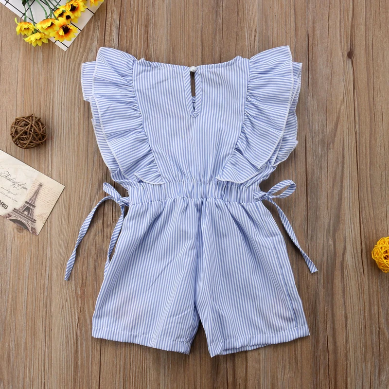 Cute Summer Toddler Baby Girl Romper Ruffle Sleeveless Elastic Waist Floral Print Striped Lace Up Playsuits Outfits for 1-5Y Baby Jumpsuit Cotton 