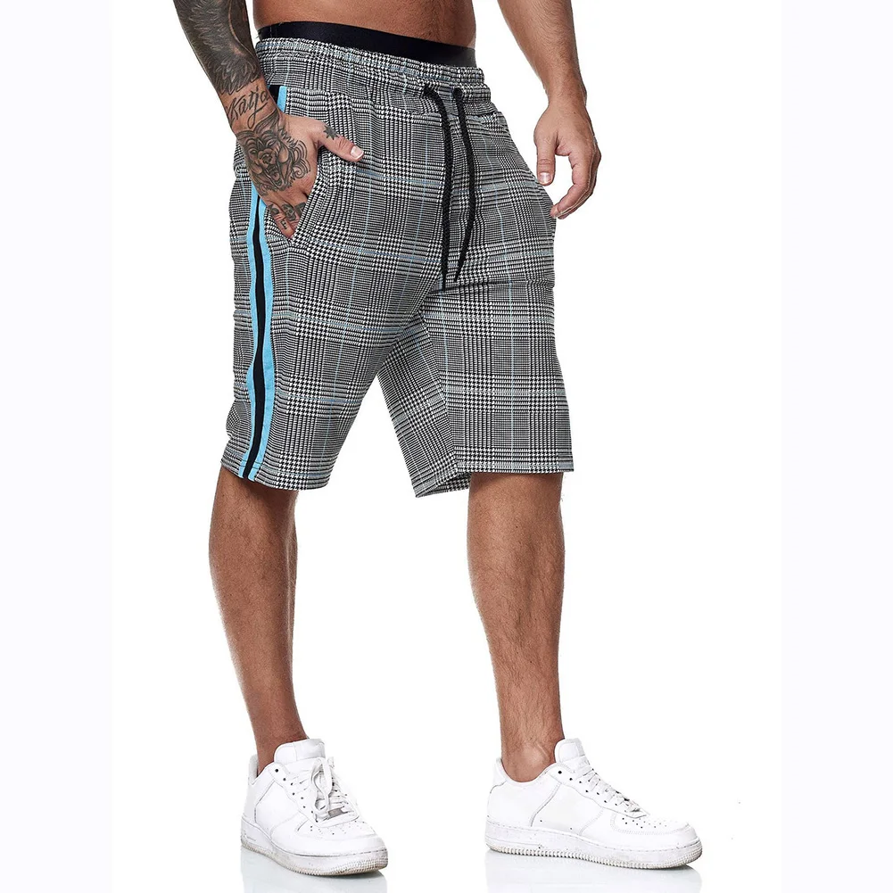Summer Men Shorts Classic Plaid Beach Shorts Side Stripe Elastic Waist Short Pants with Pockets Male Fashion Casual Shorts
