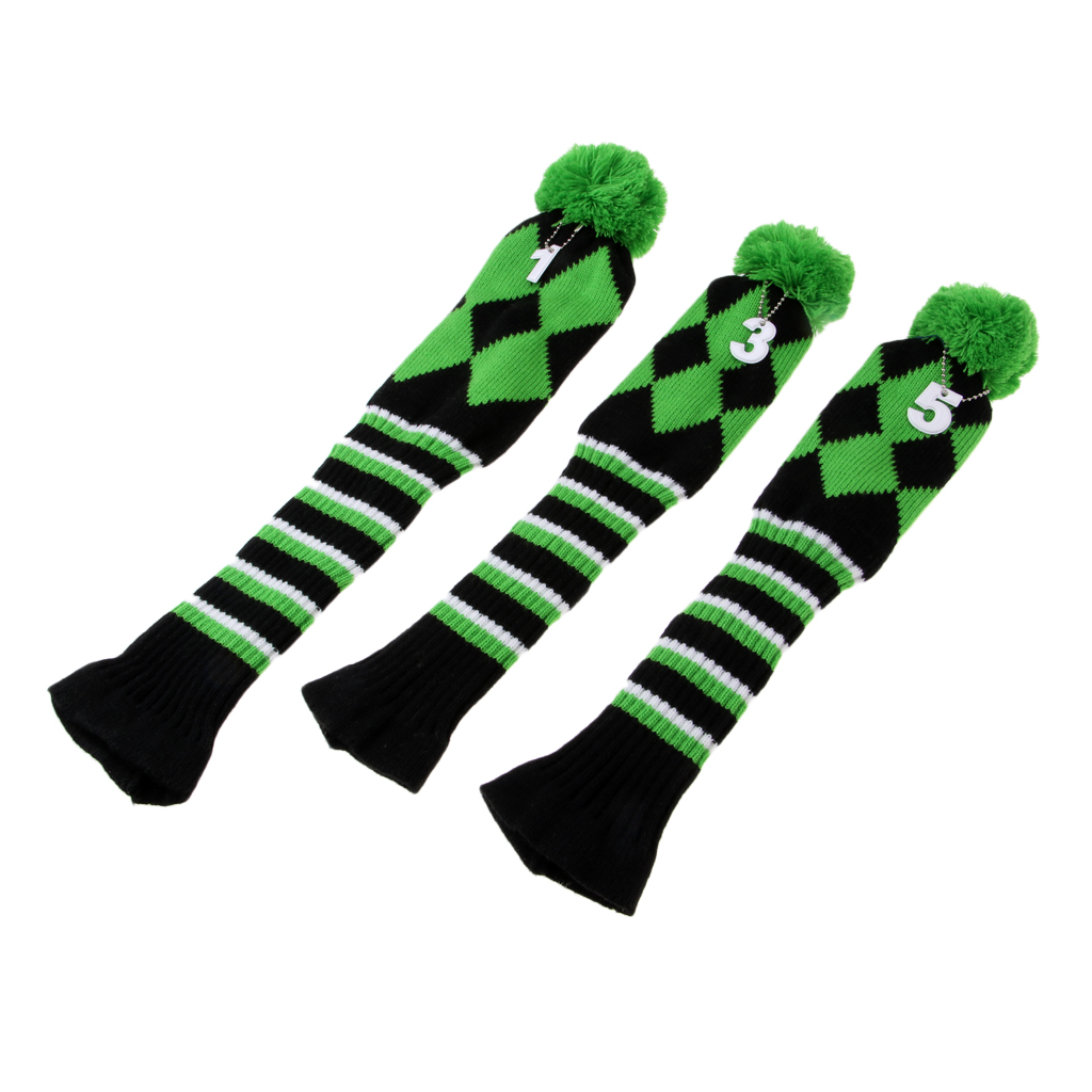 Set of 3 Vintage Golf Knitted Pom Pom Sock Covers 1-3-5 Golf Headcover For Dirver/Fairway Wood Long Neck Golf Club Headcovers