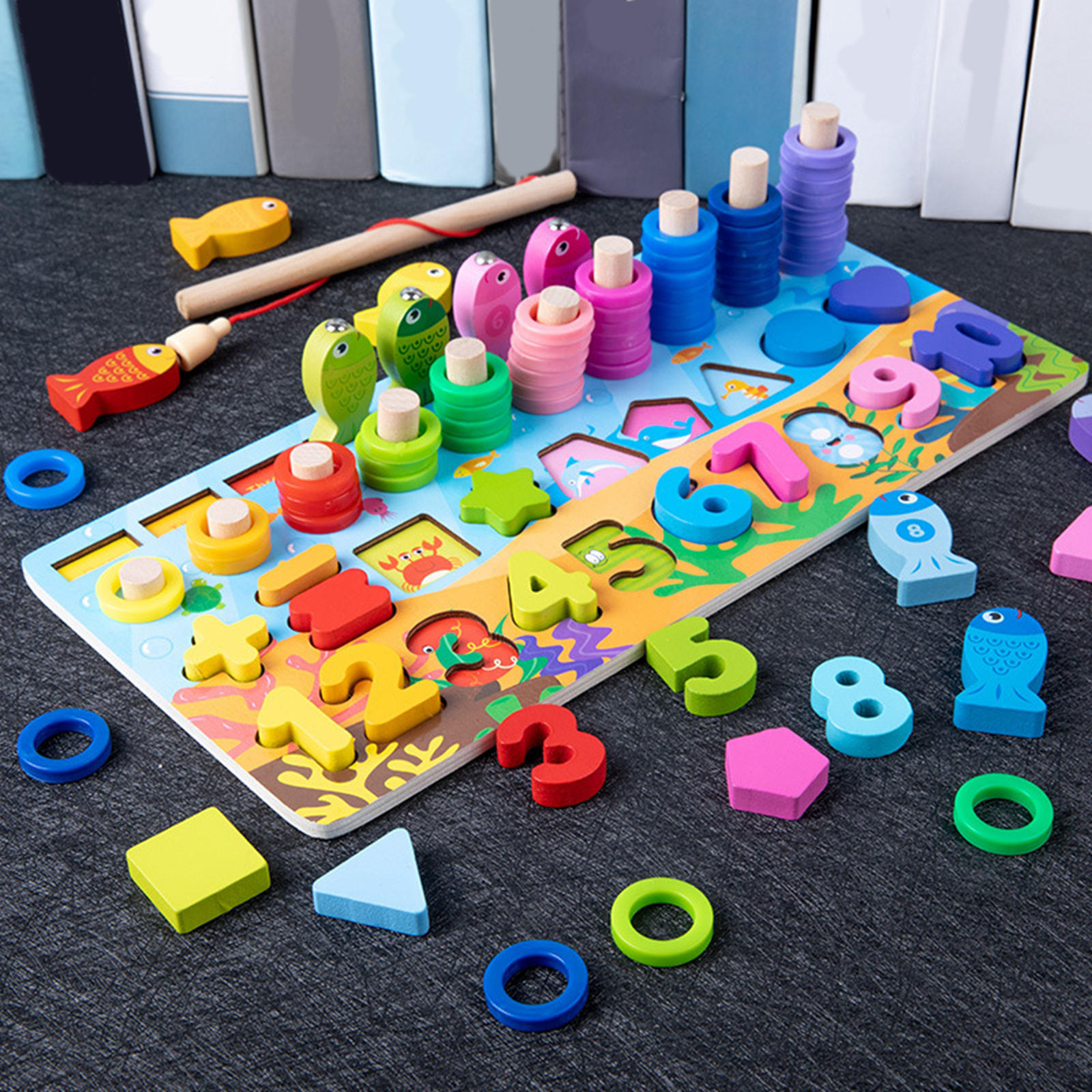 Montisorri Number Shape Sorting Stacking Rings Toys Math Fishing Game Toys