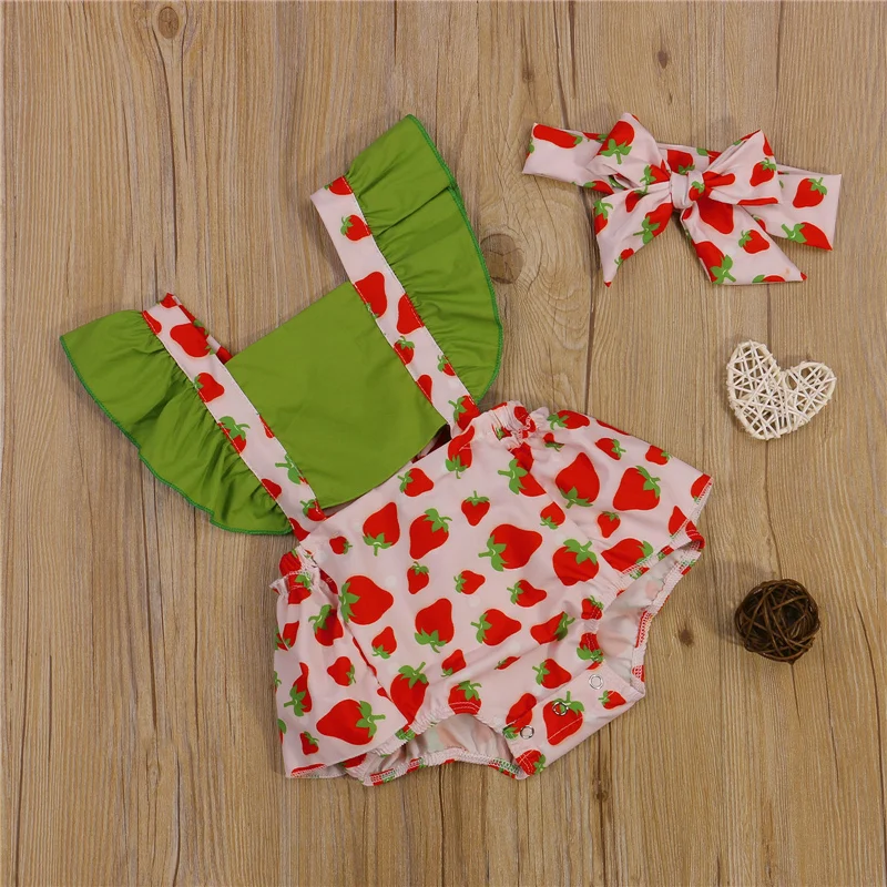 2 Pcs Newborn Summer Outfits Baby Girls Avocado/Strawberry/Corn Print Fly Sleeve Square Collar Romper + Bowknot Headband Baby Clothing Set for girl