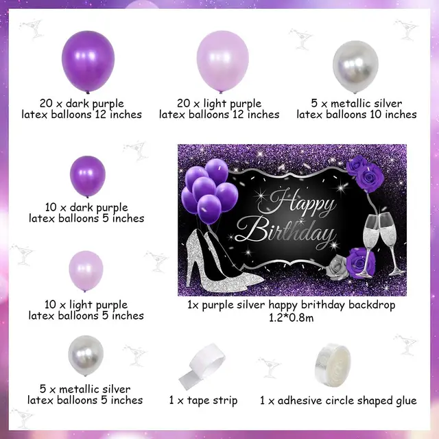Décorations de fête violettes pour femmes, toile de fond joyeux anniversaire,  guirxiété de ballons en verre, décorations de µ, 30e, 40e, 50e anniversaire  - AliExpress