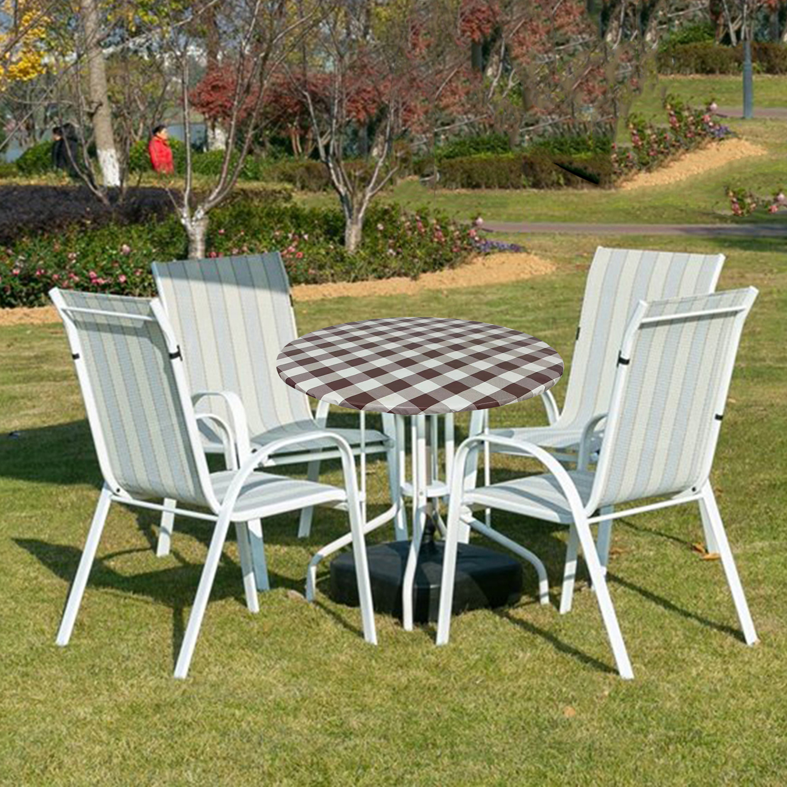 Elastic Edged Polyester Plaid Table Cover Polyester Waterproof Oilproof Round Tablecover Dust Proof Fits for 31.5-38inch Dia