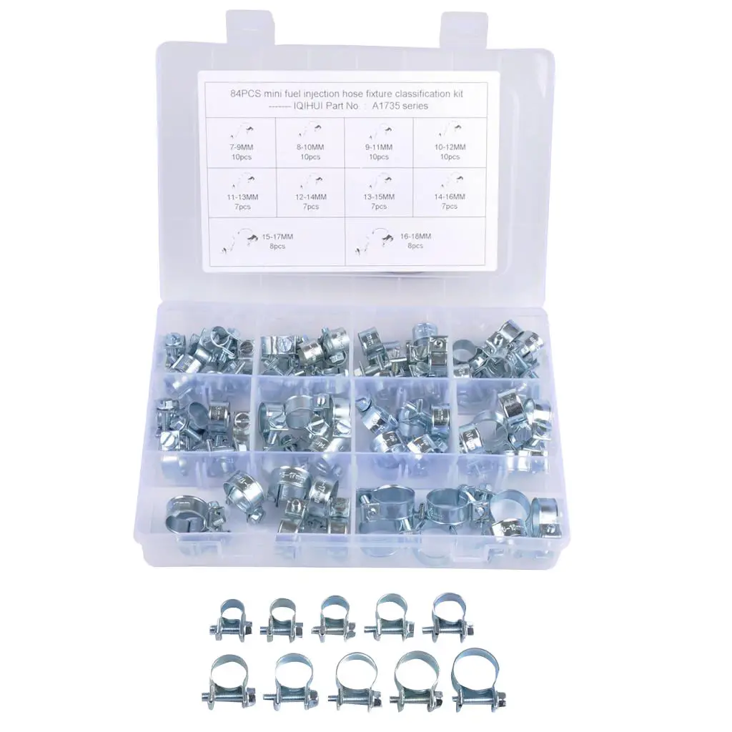 84pcs Hose Clip Clamps - 10 Sizes 7-18 mm Adjustable Stainless Steel Hose Clip Pipes Tube Clamp in Storage Box
