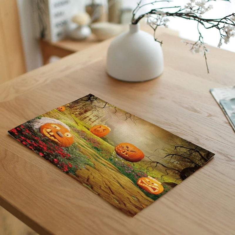 2pcs Pumpkin Table Pads Home Use Kitchen Dining Table Flax Mat Placemat Home Decoration Tool for Thanksgiving Day Harvest Halloween