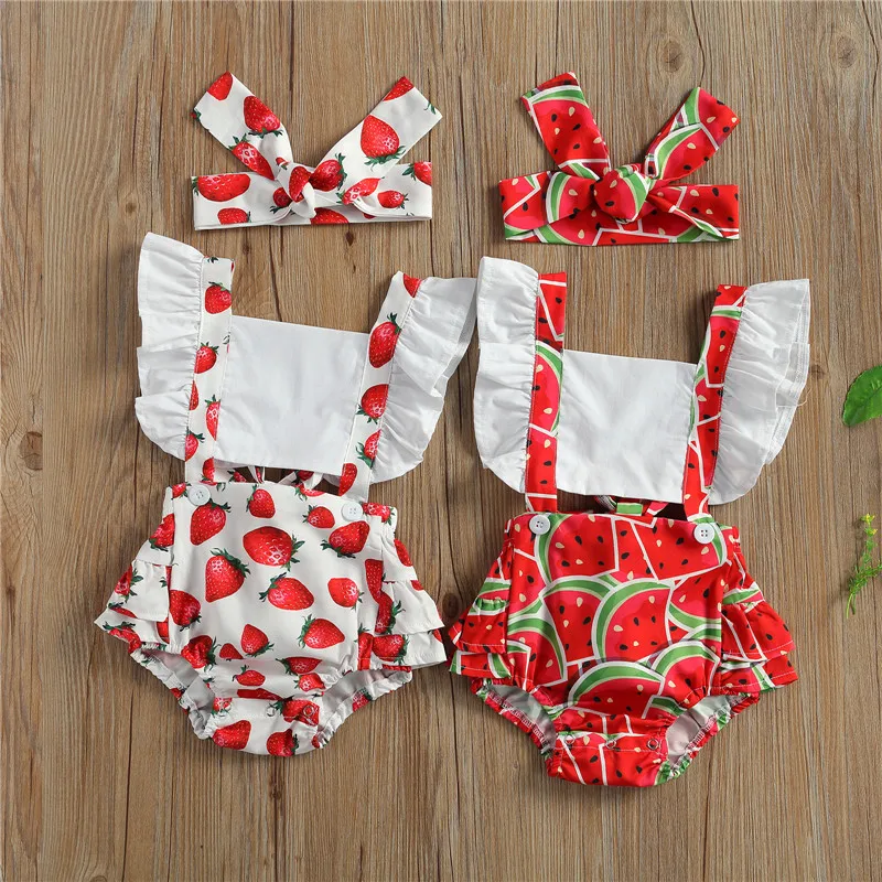 Toddler Girl Clothes Baby Fruit watermelon Printing Girl's Square Collar Flying Sleeve Rompers Headband Infant Clothing Set Baby Bodysuits are cool