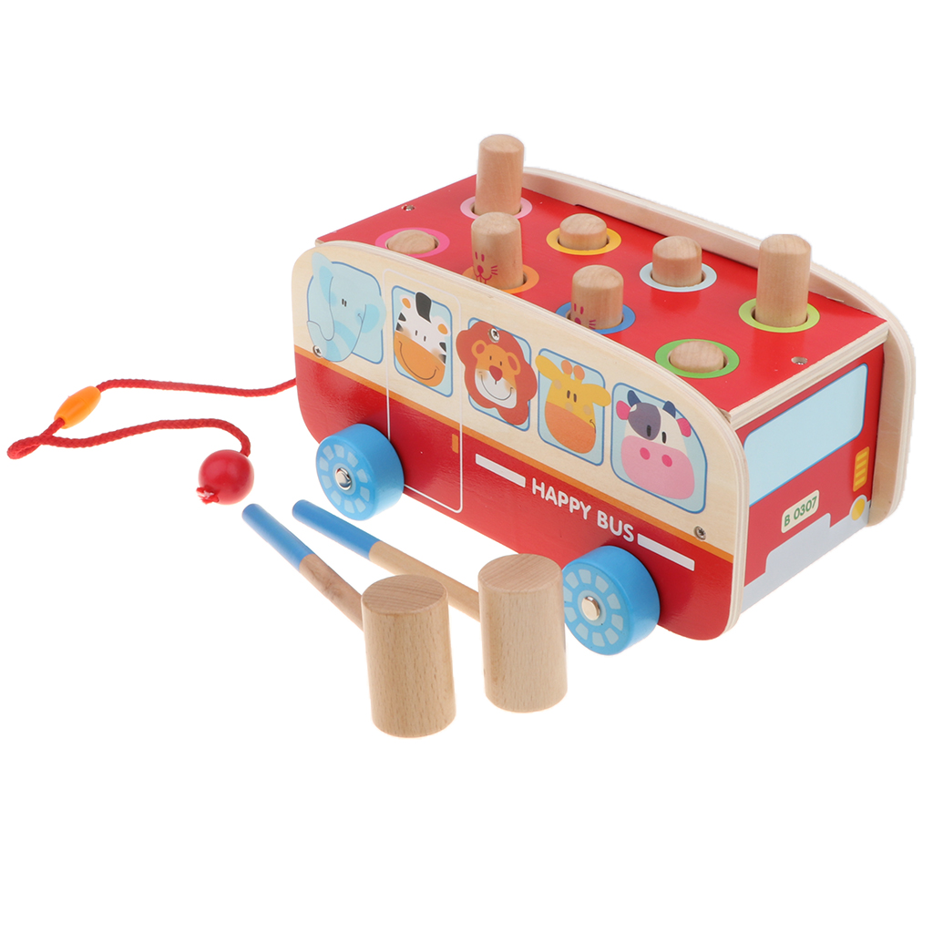Wooden Bus Vehicles Pulling Car Knockout Ball Game Kids Baby Toy Play Fun