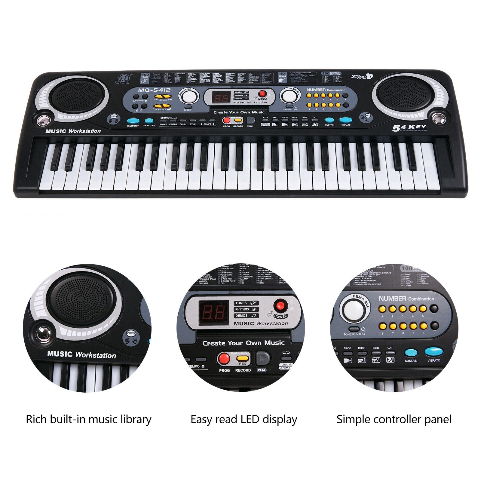 Portable Keyboard Piano 61 Keys Digital Music Key Board with Microphone USB Type