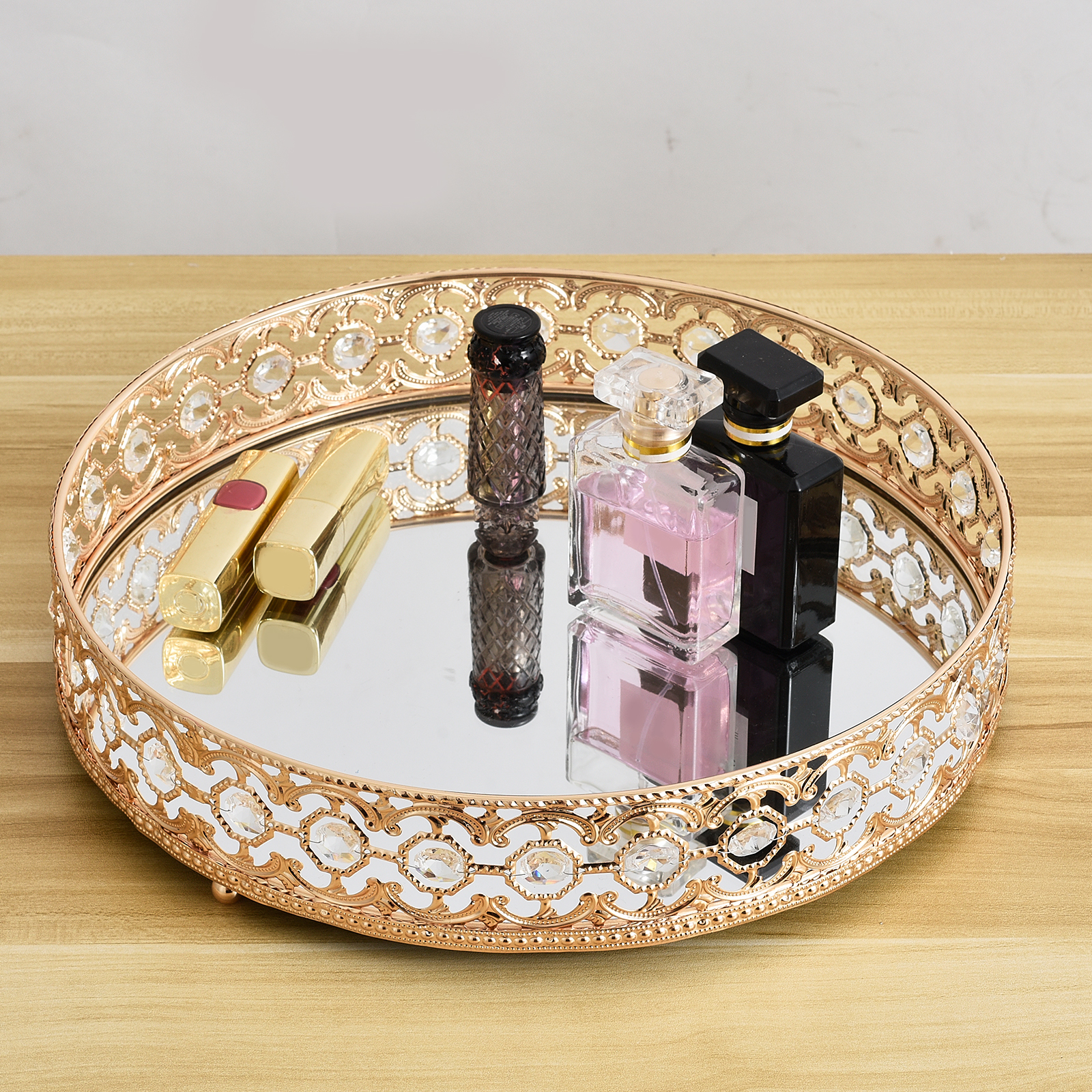 Crystal Cosmetic Mirrored Makeup Tray Perfume Trinket Cake Display Dresser Home Decor