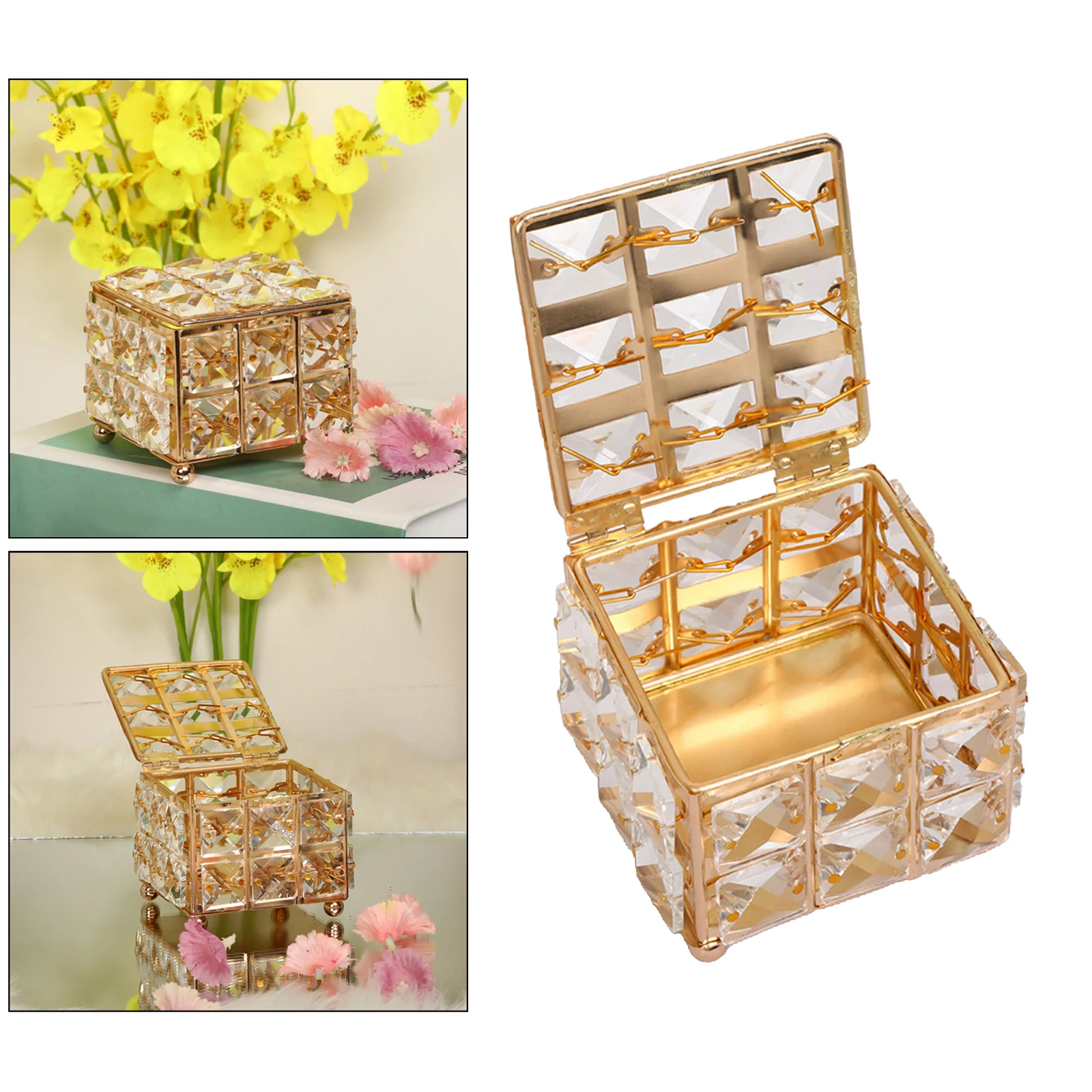 Exquisite Crystal Jewelry Box with Lid Rhinestone Ring Trinket Storage Case