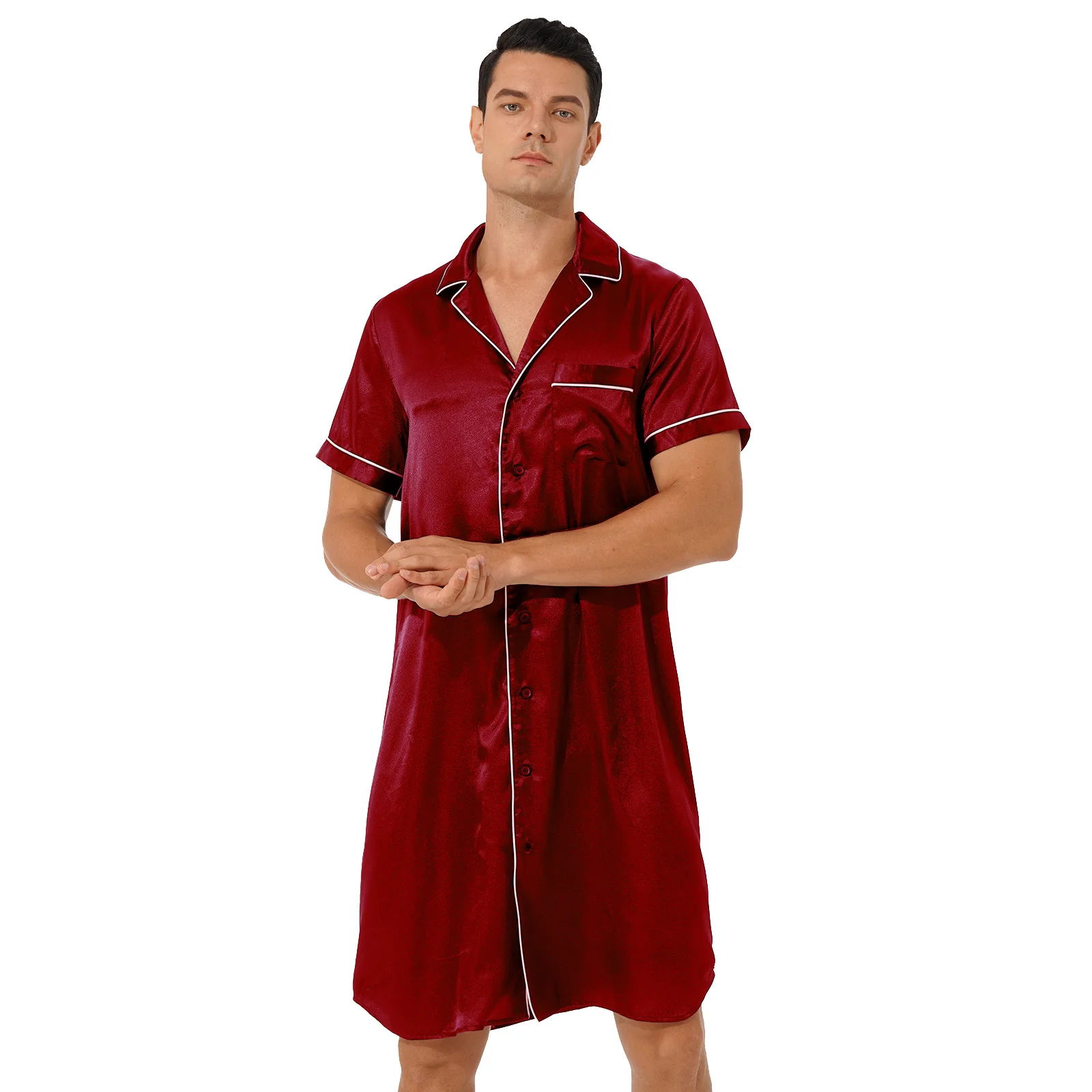 Male Satin Nightshirt Pyjama Sleep Tops Men Short Sleeve Button Down Loose Sleepwear Loungewear Soft Comfortable HomeWear satin pajamas