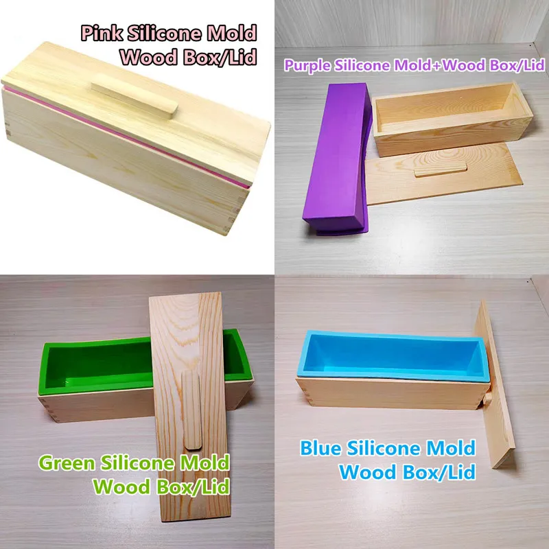 Purple-2PCS Ogrmar Flexible Rectangular Soap Silicone Mold with Wood Box DIY Tool for Soap Cake Making 42oz 