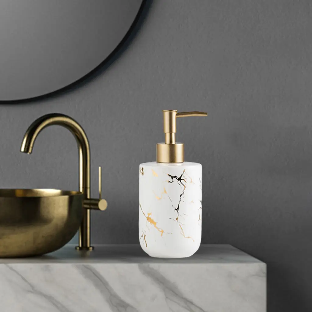 Empty Hand Ceramic Soap Dispenser Marble Texture Shampoo Container Pump Bottle Holder Countertop for Bathroom Laundry Room