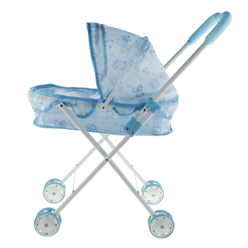 Portable Doll Stroller Carrier Pram Blue Pretend Play Toys, Gift for Toddler