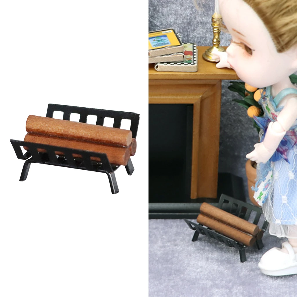1/12 Dollhouse Wooden Firewood Rack Holder Garden Decoration Kitchen Accessories for Children Kids