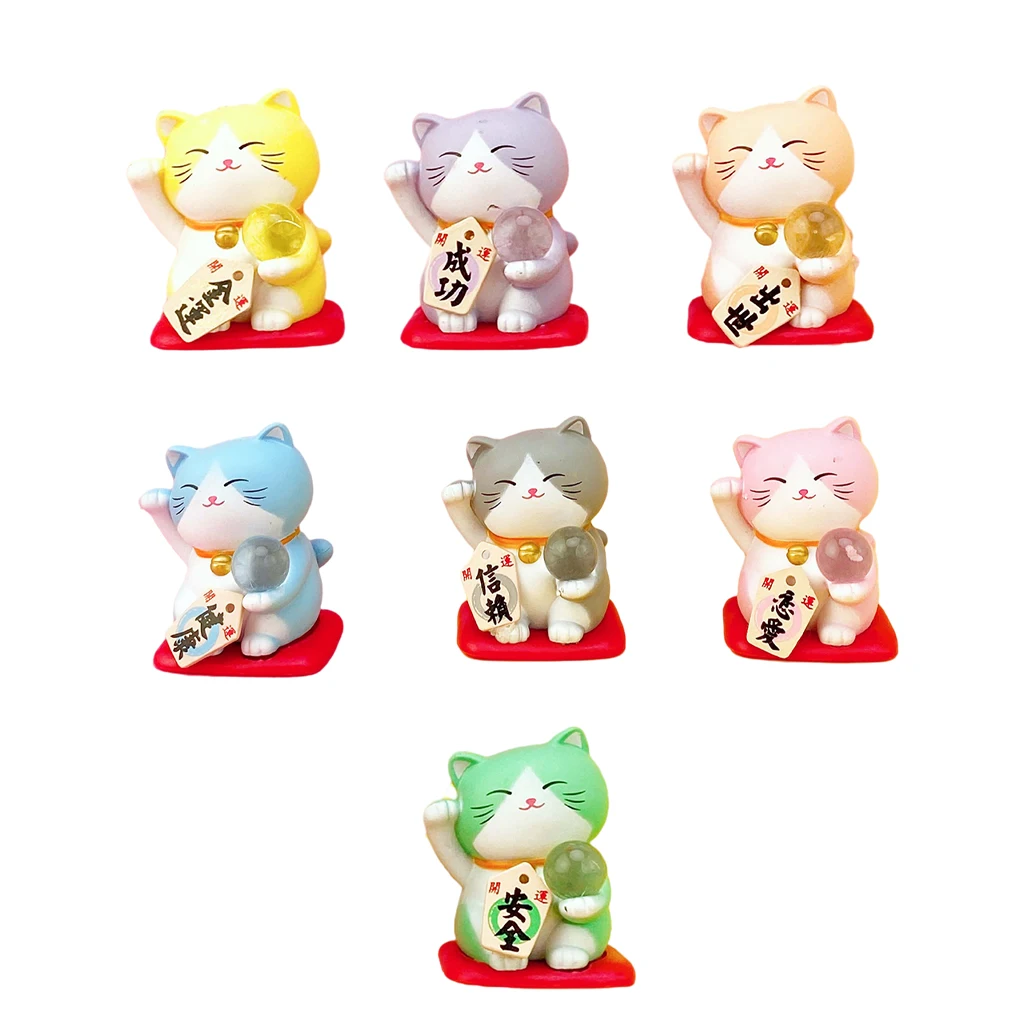 7pcs/Set Cat Figurine Ornament, Lucky Cat Feng Shui Decoration Car Decor Cake Topper Ornament, Shelf Sitter Statue Gift