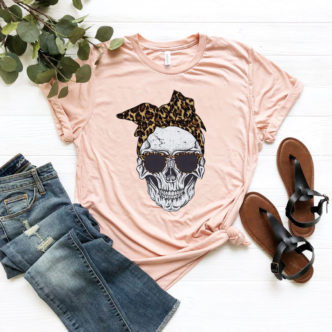 Camiseta Para Mujer Skull Bufanda De Sol Gafas De Sol Camisa Halloween ...