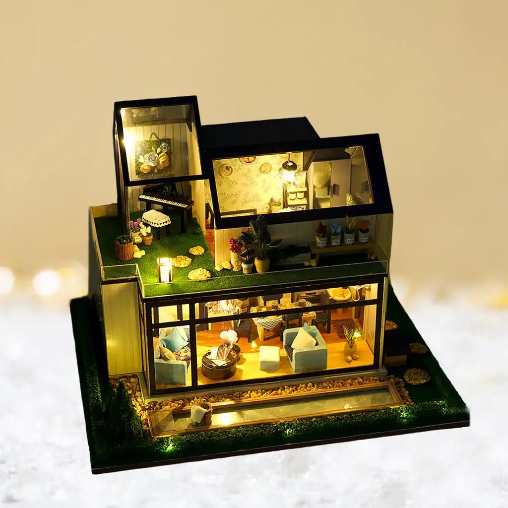 Miniature DIY Dollhouse Set, Wooden Mini Lighting up with LED with Musical Furniture Kit, for Festival Toy Landscape Xmas Gift