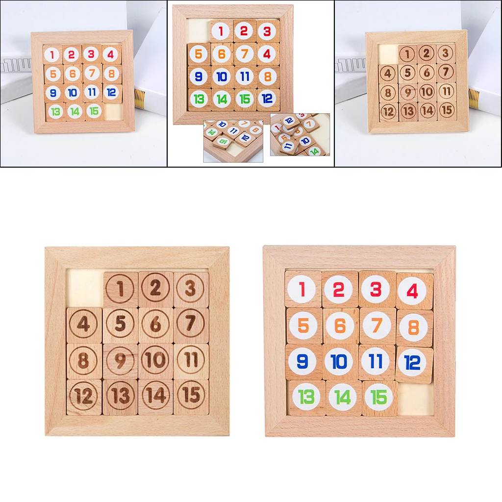 15 Sliding Tiles Puzzel Toy Math IQ Klotski Wooden for Adults Children