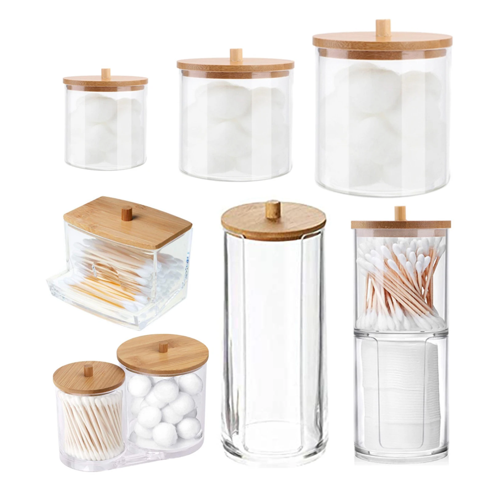 Acrylic Makeup Cotton Swabs Holder with Bamboo Lids Transparent Cosmetics Cotton Pads Organizer Bathroom Cotton Pads Container