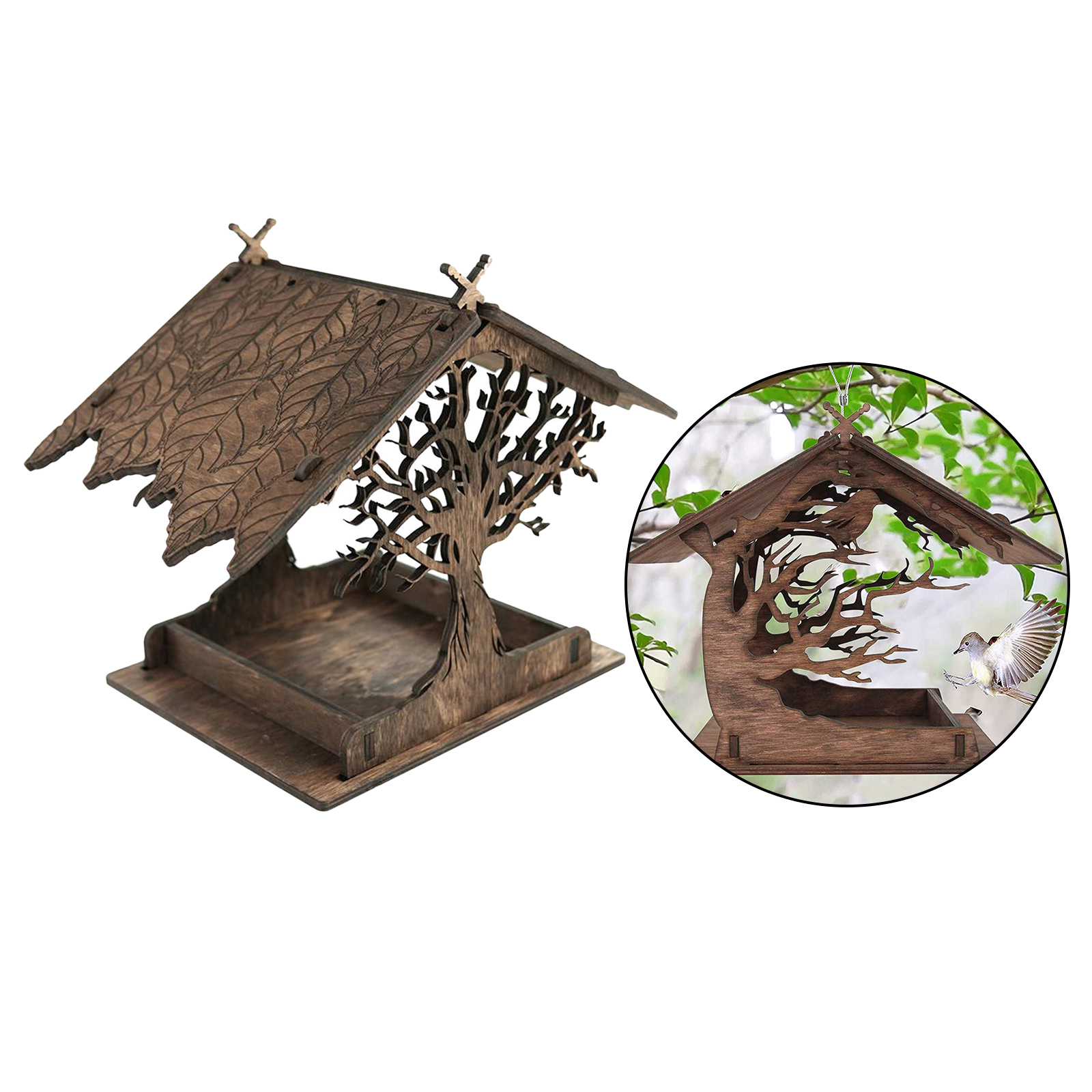 Wooden Bird Feeder Decorative Hanging Garden Birdhouse Birdfeeder for Small birds, natural Wild Birds Swing Toy