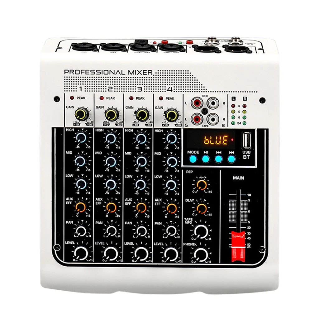 Portable Audio Mixer 6 Channel Streaming 48V Phantom Power with 3-Band EQ Bluetooth MP3 Stereo MX400 for Recording Webcast Home