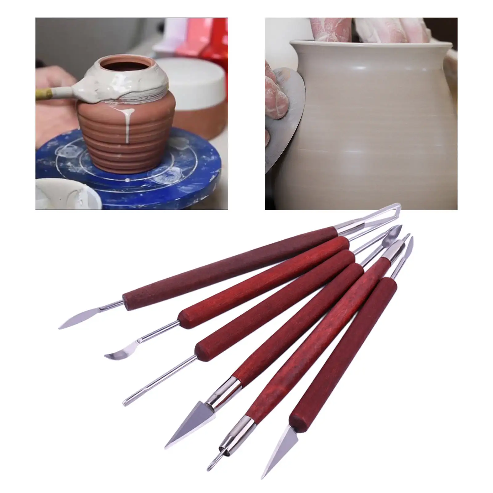 6 Pcs/Set Pottery Clay Sculpting Tools Kit Double-Ended with Wooden Handle Wax Carving Tool Ceramic Modeling for Shapers Student