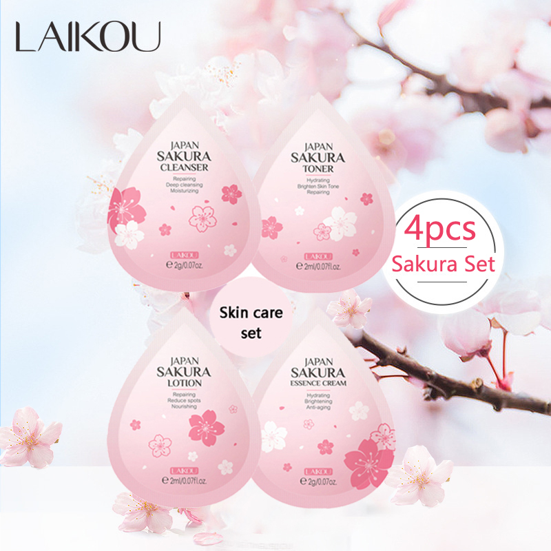 Best of LAIKOU 4Pcs Skincare Set Sakura Cleanser Toner Lotion Cream Deep Cleansing Moisturizing Oil Control Portable Kit Travel Outfit Reviews & Tips