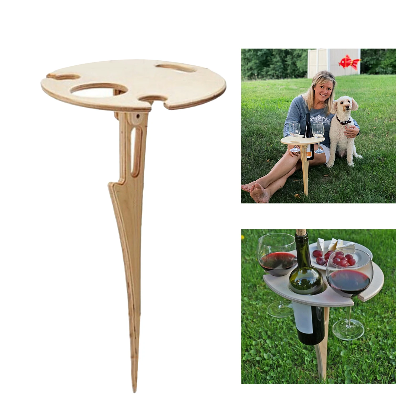 Folding Outdoor Portable Foldable Wine Table with Round Desktop Mini Wooden Beach Wine Glass Holder Lawn Plate Table  