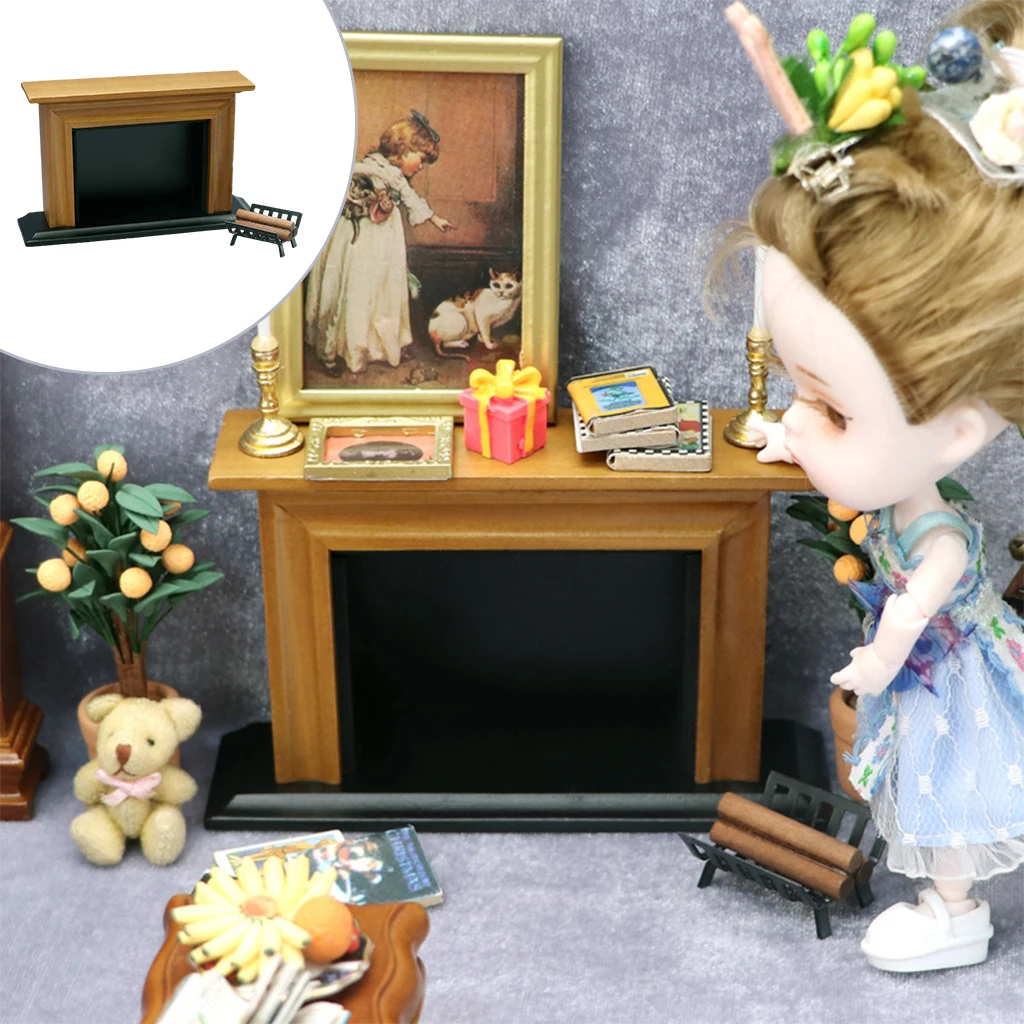 1:12 Scale Dollhouse Furniture Miniature Fireplace and Firewood Rack Holder Set for Doll House, Miniature Accessory