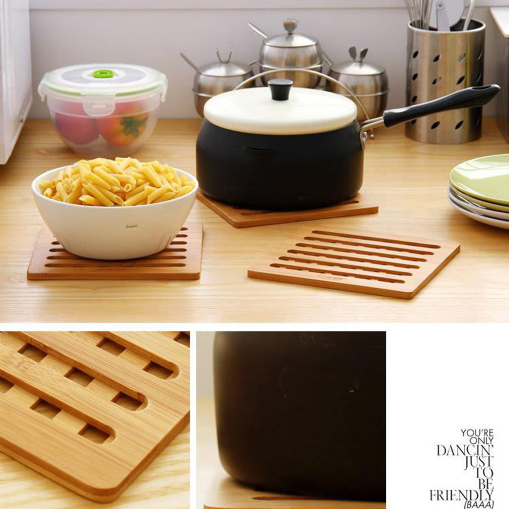 3pcs Natural Bamboo Trivet Mat Pads for Hot Pot Dishes Heat Resistant Square